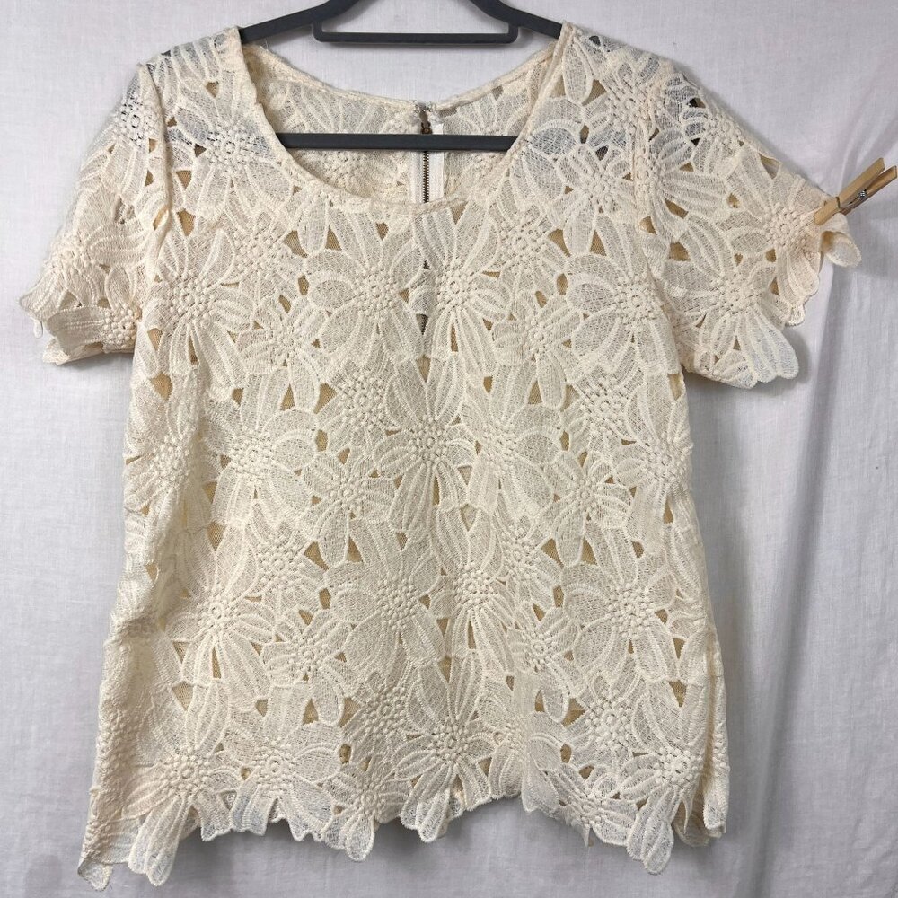 Crochet Floral Lace Pullover Blouse Womens L Sheer‎ Romantic Mature Professional